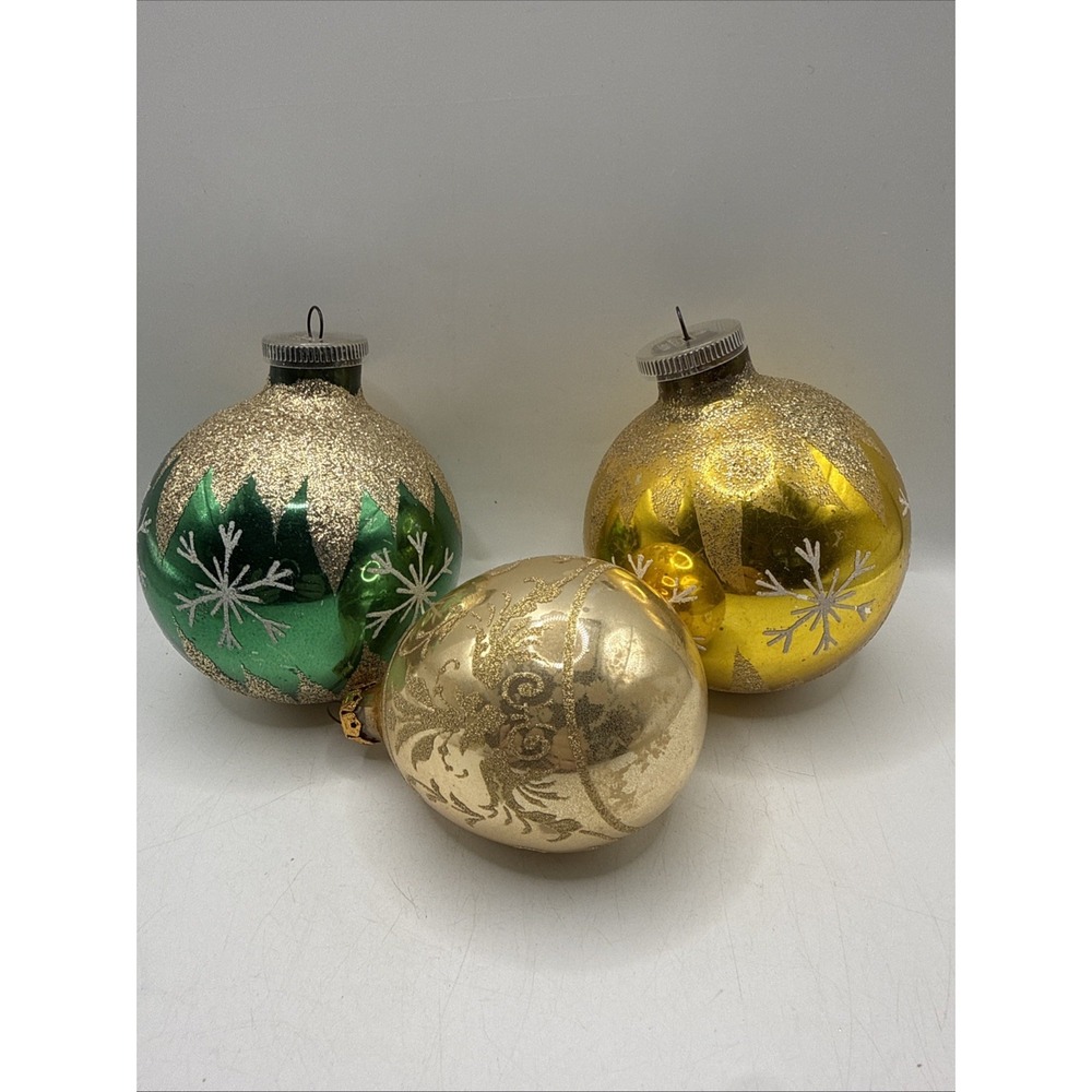 3 Vintage Christmas Balls, 2 Are West Germany, Gold & Green